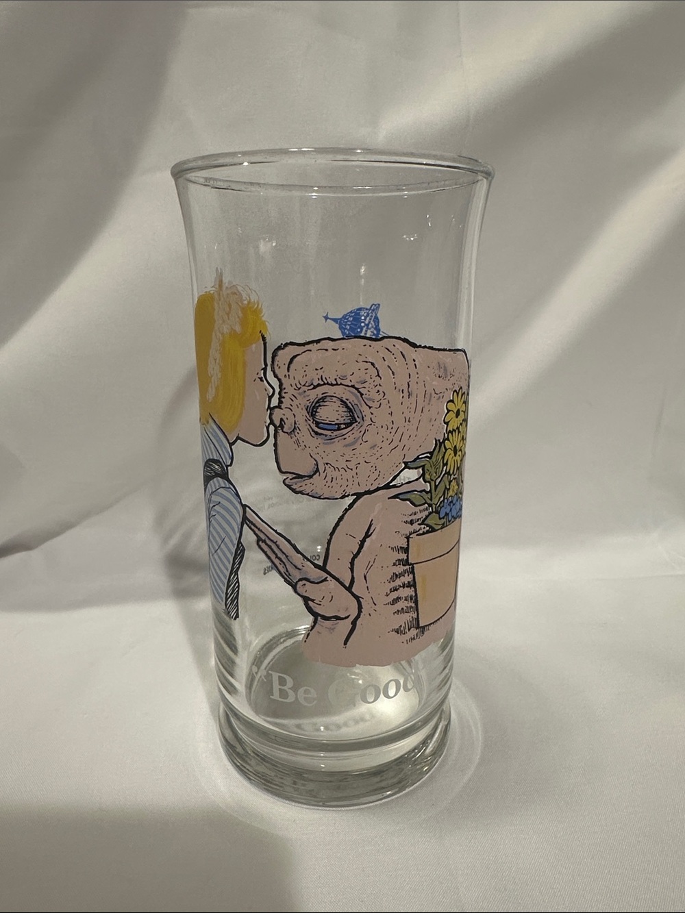 Clear Glass Decorative Vase with Pink Illustration and Yellow Accents